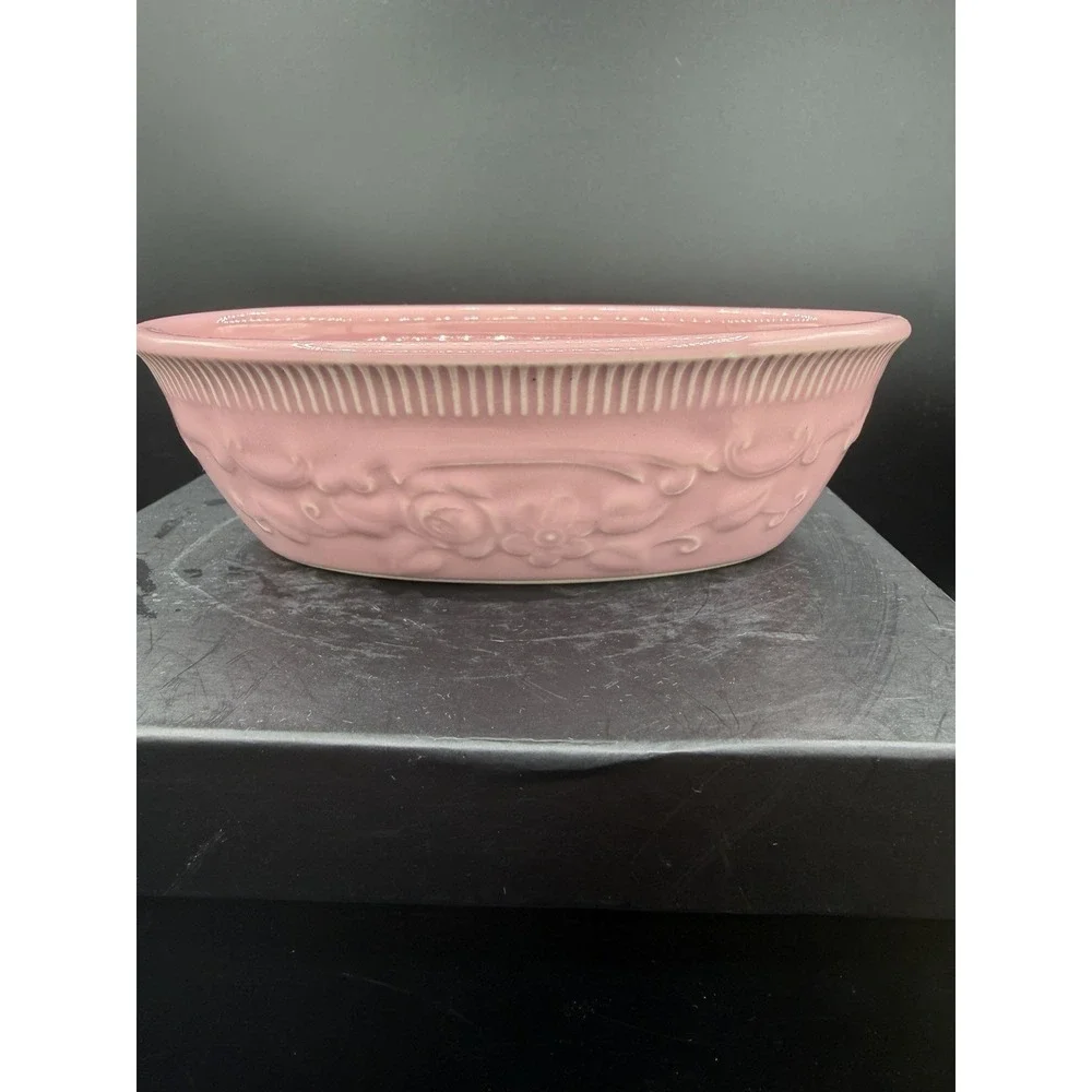 🌸🍽️ Vintage Home Laughlin Oven Serve Pink Embossed Oval Dish – USA Pottery 🍽️